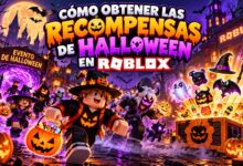 Ilustración de personajes de Roblox con calabazas, un castillo y recompensas de Halloween