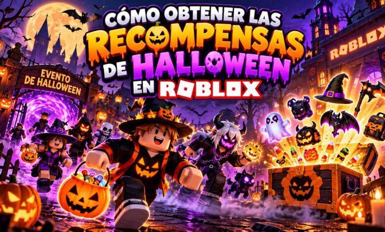 Ilustración de personajes de Roblox con calabazas, un castillo y recompensas de Halloween